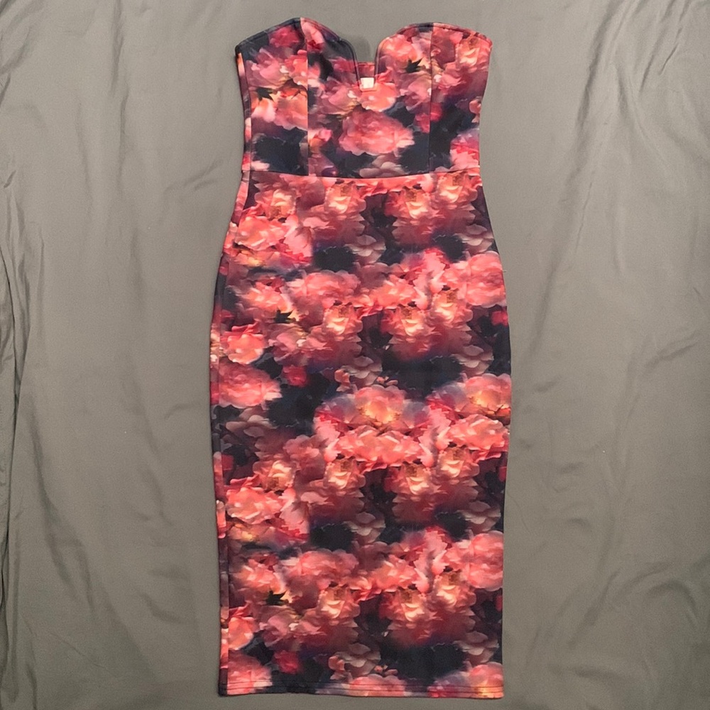 Floral print strapless midi dress